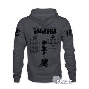 Gray hooded sweatshirt featuring a military tribute design with bold 'ALASKA' text and veteran icons (dog tags, eagle, star) and the caption 'Iraq | Afghanistan War Tribute'.